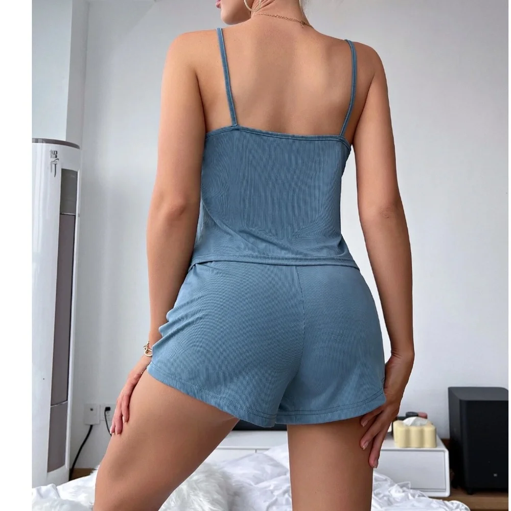 Casual Blue Ribbed Cami Top Shorts Duster Lounge Set - Picture 4 of 6